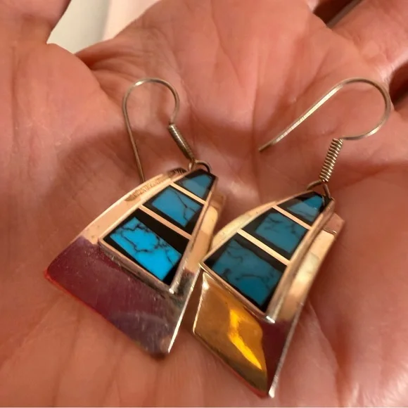 Taxco Vintage sterling silver turquoise southwestern oversized earrings - Picture 8 of 17